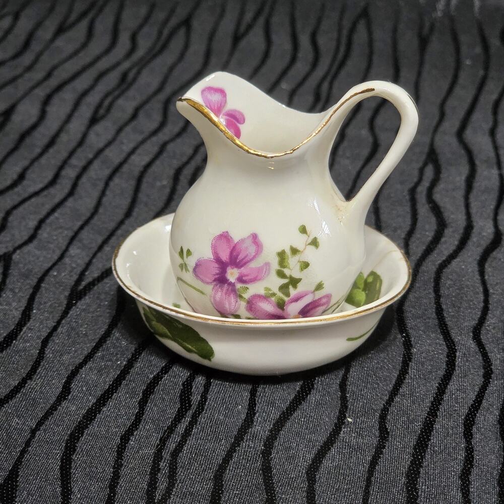 Vintage Mini Floral China Pitcher & Wash Basin Set Pink Flowers Gold Trim Dollho